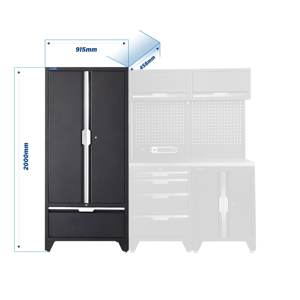 SGS 7pc Garage Storage System | 4 Drawers | Stainless Steel Worktop | Floor Cabinet | 2x Upper Cabinets | Tall Double Cabinet with Drawer | Pegboard with Power Strip